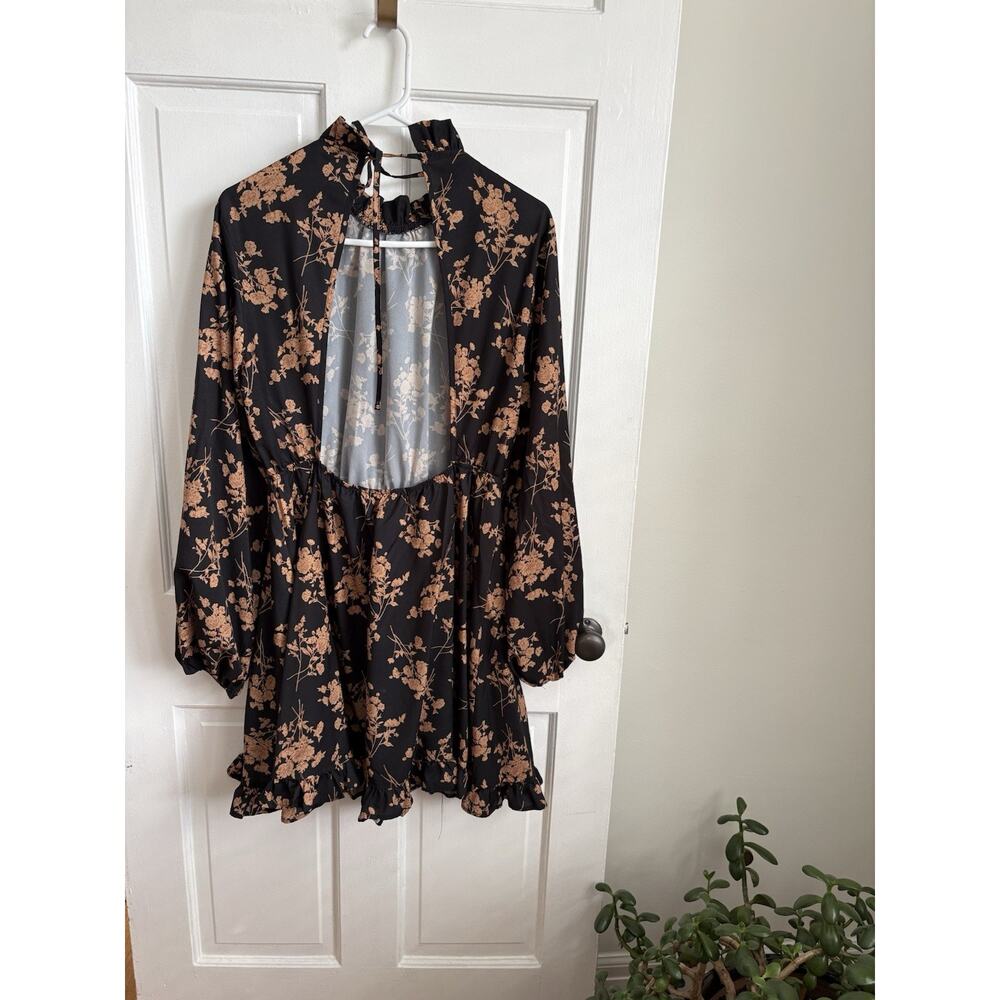 Whimsigoth‎ Black Tan Floral Open Back Ruffle Mini Dress Womens 0XL Plus Size